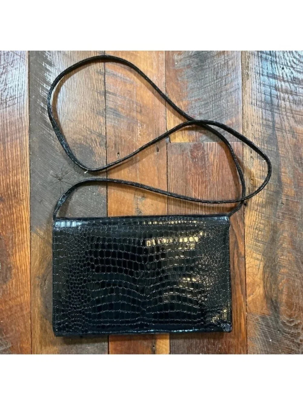 Vintage Black Croc Embossed Shoulder Bag Clutch Crossbody Convertible